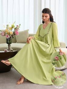 Al Najma Bata con cuello en V y mangas acampanadas, primavera/verano - Verde - Ver 5