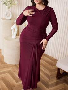 Modelyn Plus Size Women Solid Color Pleated Long Sleeve Elegant Dress - Burgundy - View 2