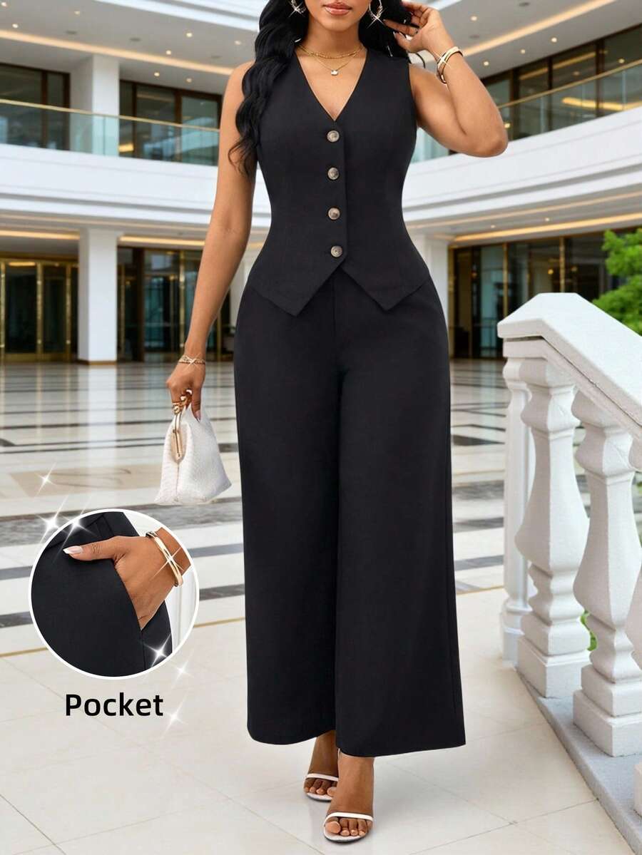 SHEIN Lady Bộ 2 món áo vest và quần dài màu trơn thanh lịch dành cho nữ - màu đen - Xem 1