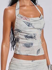 ROMWE Avant Top ajustado sin espalda con cuello drapeado con estampado de peces y estrellas de mar para mujer, ideal para vacaciones de primavera/verano - Azul - Ver 7