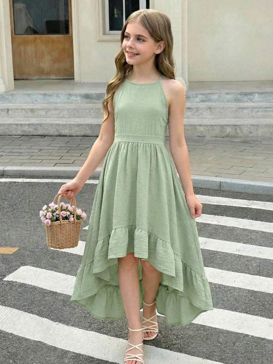 SHEIN Vestido sin mangas con volantes en el bajo para niña preadolescente de unicolor - Verde - Ver 1