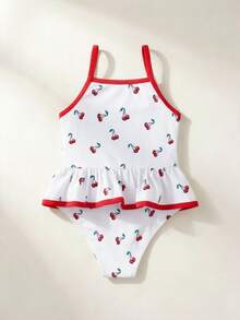 Maija Kids Maija Kids 1件装少女休闲优雅度假修身可爱樱桃印花吊带泳衣，适合泳池、海滩、海边、沙滩派对、春夏季节穿着。 - 彩色 - 查看 4
