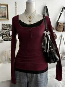 Áo thun dài tay nữ phối ren tương phản, kiểu dáng thường ngày. - Nhiều màu - Xem 3