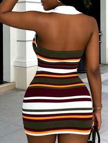 Rovax Women's Elegant Waist Cinched Patchwork Party Mini Dress - Multicolor - View 2