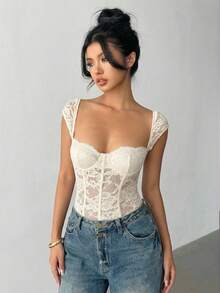 Aloruh 女士性感蕾丝心形领透视连体衣，夏季 - 杏色 - 查看 6