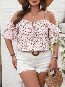 SHEIN VCAY 大码度假浪漫小爱心荷叶边露肩吊带衫。情人节、休闲野餐派对。 - 白色 - 查看 6