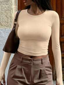 INAWLY Women's Solid Color Round Neck Long Sleeve Casual T-Shirt For Spring And Summer Fall Cloth For Women - Apricot - View 4