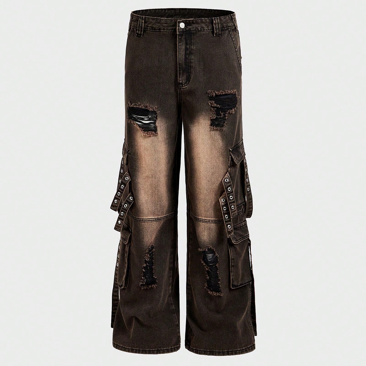 Pantalones cargo casuales de hombre con ojales de metal degradado desgastados