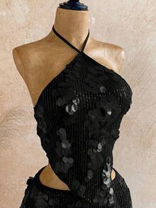 Soleia 女士度假沙滩亮片露背吊带上衣和迷你裙两件套 - 黑色 - 查看 5