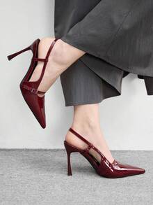 CUCCOO BIZCHIC Women's Pointed Toe Buckle Design Fashionable High Heels For Daily Wear - Burgundy - View 3