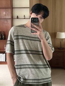 DAZY 男士純色與條紋T恤搭配純色鬆緊腰長褲休閒居家套裝，春夏睡衣 - 彩色 - 查看 5