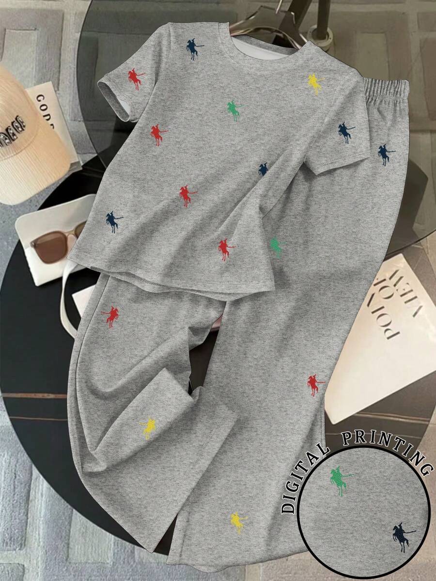 SHEIN 2件套女士休闲骑士印花圆领短袖T恤和裤子 - 灰色 - 查看 1