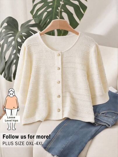 CosyJoli 大码女式圆领开襟条纹短袖T恤，黑白条纹面料，舒适时尚休闲