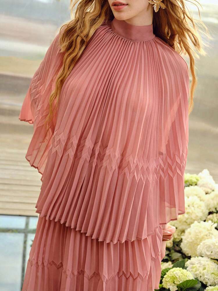 SPRING SUMMER ROMANTIC SOLID PLEATED MOCK NECK TIE BACK PLEATED TOP & SKIRT SET