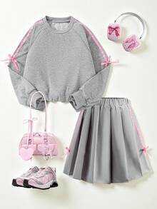 SHEIN Casuvi Kids Tween Girls Long Sleeve Loose Bow Sweatshirt & Pleated Skirt Set - Grey - View 1