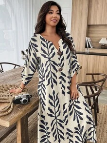 Breezaya Plus Size Women's 1pc Linen-Like Texture Floral Print Loose Casual Dress With Faux Wood Button Decor, Suitable For Spring/Summer, Home, Commute Fall - Multicolor - View 3