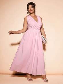 Cravure Vestido elegante y de moda con cuello en V, cintura recogida y corte evasé, con aplicaciones de encaje, sin mangas, adecuado para primavera y verano, tallas grandes - Rosa - Ver 4