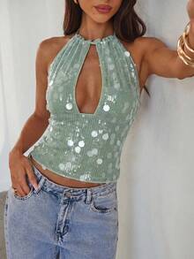 Aloruh 女士春夏新款粉色亮片露背吊带背心，优雅性感时尚，适合情人节、约会、派对、外出等场合。 - 綠色 - 查看 4