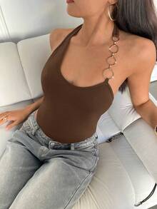 Aloruh Music Festival Circle Decor Halter Bodysuit - Brown - View 6