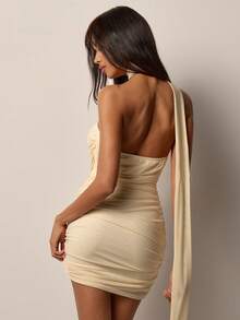 COSMINA Vestido elegante de mujer con malla, drapeado asimétrico y cuello halter fluido, versátil para ir al trabajo, la oficina, salir, citas, la playa, primavera - Beis - Ver 7