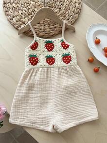 LMoss Kids Pelele de bebé niña con estampado de fresa en unicolor tejido - Albaricoque - Ver 6