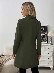EMERY ROSE 女士优雅休闲通勤黑白拼接长款羊毛混纺大衣 - 軍綠色 - 查看 2