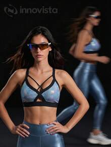 Innovista 女士时尚金属户外紧身裤，金属蓝银色高腰PU皮革质感紧身裤，V腰提臀亮面弹力健身紧身裤，防走光亮面瑜伽HIIT运动休闲裤 - 深灰色 - 查看 5