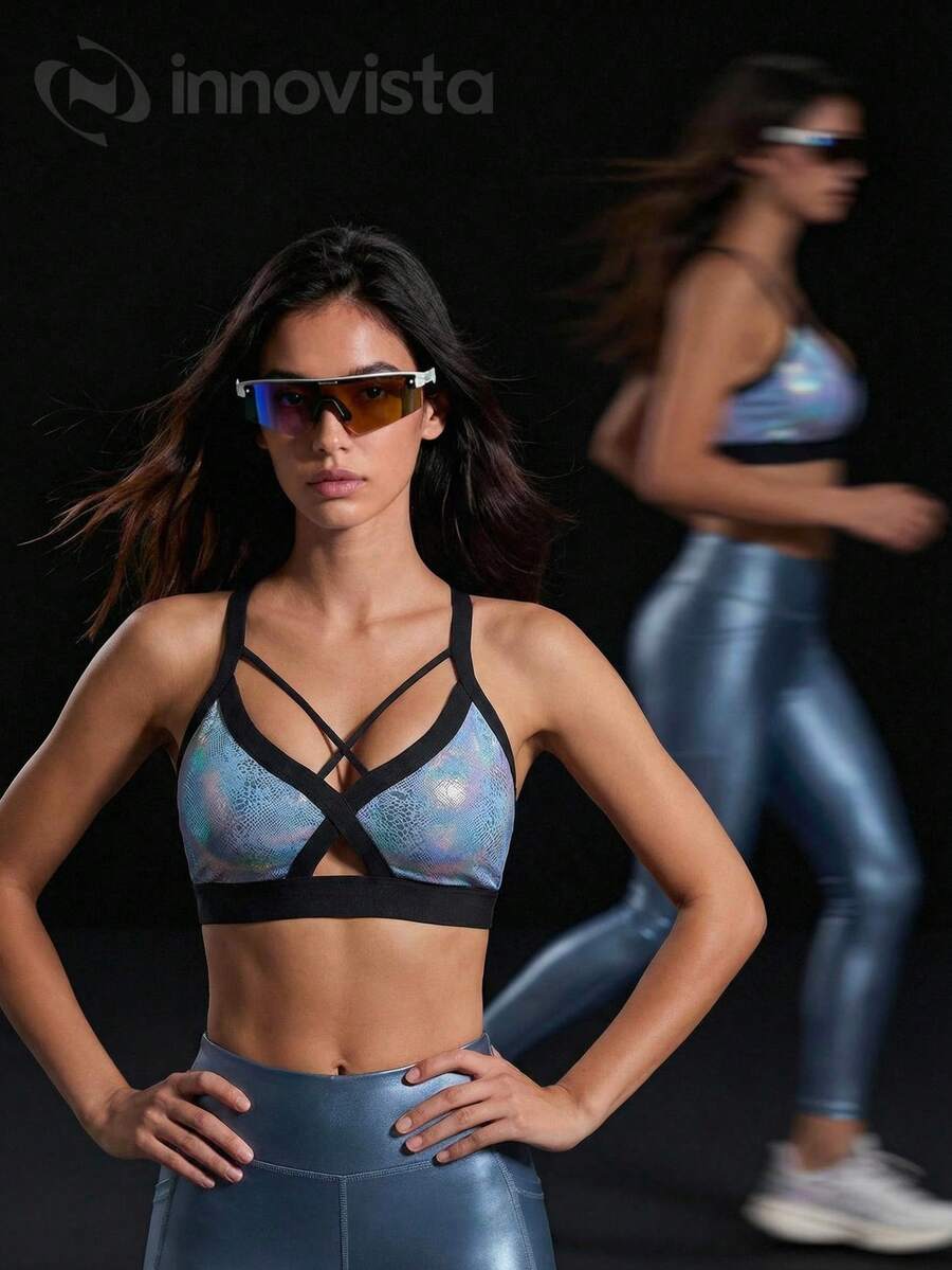 Innovista 女士时尚金属户外紧身裤，金属蓝银色高腰PU皮革质感紧身裤，V腰提臀亮面弹力健身紧身裤，防走光亮面瑜伽HIIT运动休闲裤