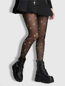 ROMWE Kawaii 1pc Women's Black Star And Floral Patterned Sexy Tights/Pantyhose/Leggings - Multicolor - View 1
