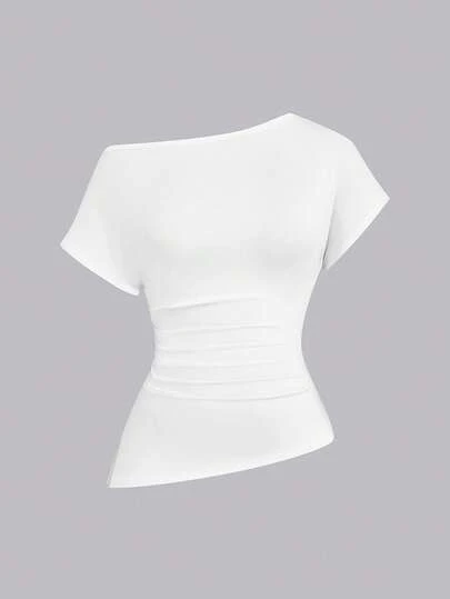 SHEIN CURVE+ Plus Size Women's Solid Color Ruched Fitted Casual Short Sleeve T-Shirt