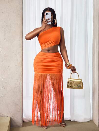 BamGleam Sexy Off-The-Shoulder Stylish Top For Women + Orange Design Tassel Pleated Skirt Set