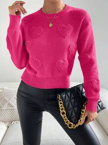 SHEIN Unity Heart Knit Drop Shoulder Sweater Knit Pullover Fall Winter - Hot Pink - View 5