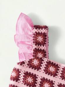 Maija Kids 1 chiếc đầm không tay màu hồng phối lưới, kiểu dáng thanh lịch, thoải mái, dễ thương, nhiều màu sắc, họa tiết hoa móc, thích hợp mặc hàng ngày, đi học, dã ngoại, họp mặt, lễ hội, mùa xuân và mùa hè. - Hồng - Xem 4