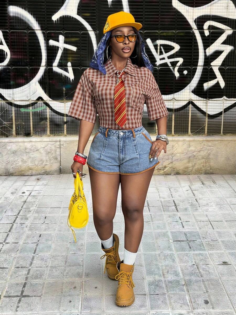 Slaydiva 女士休闲日常通勤时尚撞色包边褶皱牛仔短裤，夏季 - 藍色 - 查看 1