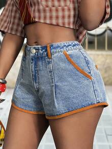 Slaydiva 女士休闲日常通勤时尚撞色包边褶皱牛仔短裤，夏季 - 藍色 - 查看 3