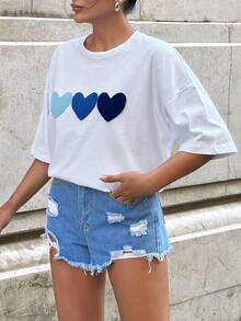 EURMUSE Áo thun trắng dáng rộng 100% cotton với họa tiết trái tim thêu. - trắng - Xem 4