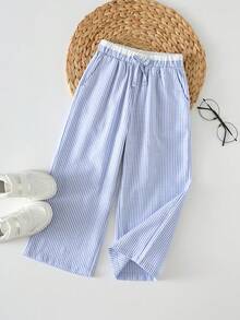 SHEIN 1件装男童休闲运动可爱日常舒适街头条纹印花直筒裤，适合外出、上学、聚会，春夏秋冬四季皆宜。 - 藍白色 - 查看 3