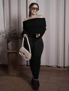 Lupita Cardoza Off Shoulder Foldover Ribbed Knit Sweater,Long Sleeve Tops Knit Pullover Fall Winter Outfit - Black - View 4