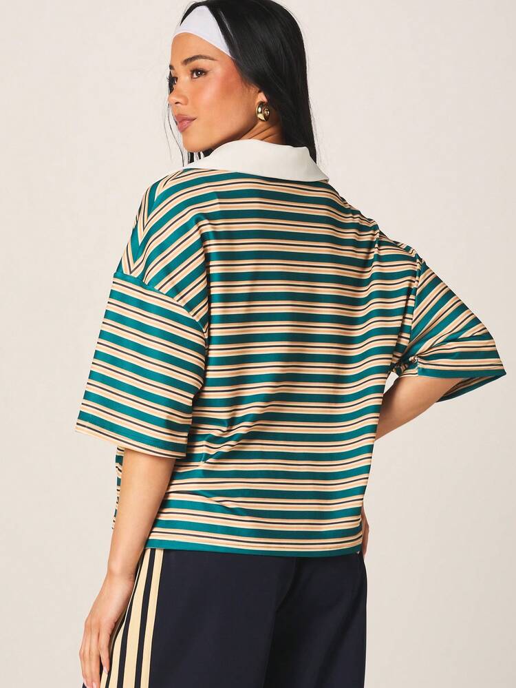 MISSGUIDED Women's Oversized Striped Polo Short Sleeve Collared Top With Horizontal Multi Color Pattern Casual Summer Retro Vintage Style Teal Cream