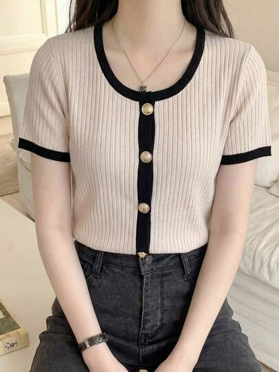 SHEIN Teen Girls Contrast Rib Elegant Casual Short Sleeve T-Shirt