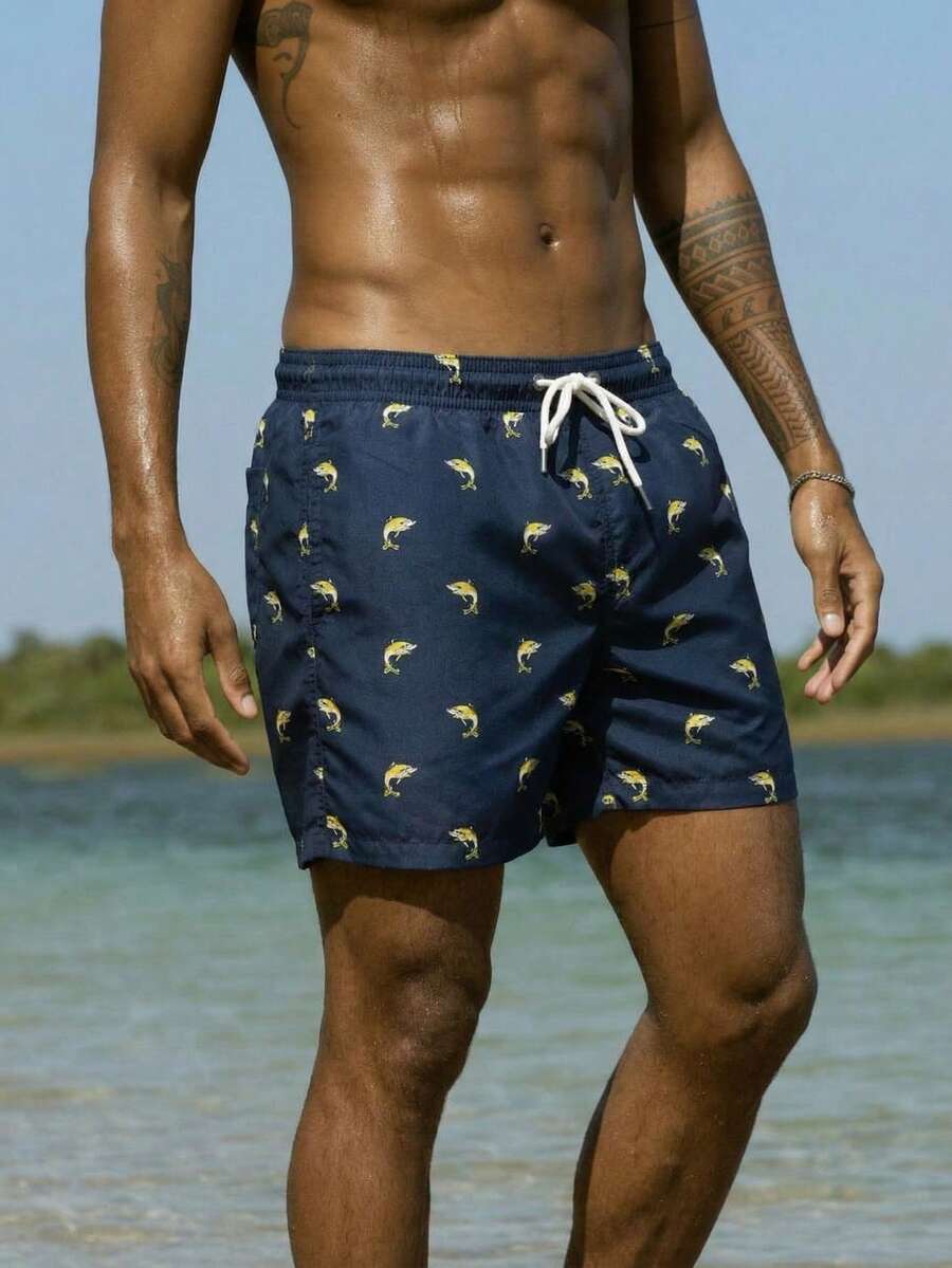 Manfinity Swimmode Herren Strandhose mit elastischem Bund, Kordelzug, Taschen und lockerem Schnitt, Lässig Strandshorts mit Delfin-Muster, Herren Badebekleidung Poolshorts - marineblau - Übersicht 1