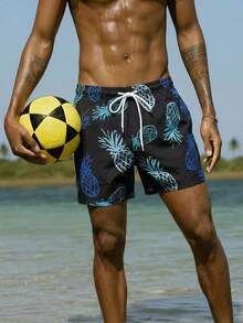 Manfinity Swimmode Quần short đi biển nam in hình quả dứa, cạp chun, kiểu dáng thường ngày, họa tiết hoa xanh dương, quần bơi nam in hình quả dứa. - màu đen - Xem 5