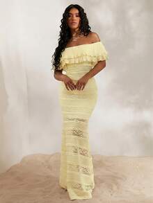 Opulessa Knitted Lace Off-Shoulder Fitted Mermaid Dress For Women - Light Yellow - View 5