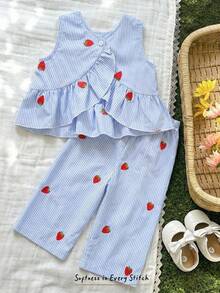 Cozy Pixies Bộ đồ 2 món cho bé gái: Áo không tay cổ tròn in hình dâu tây và quần cạp chun. - Nhiều màu - Xem 2