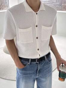 DAZY Men's White Cardigan Short Sleeve Knit Top, Spring/Summer - White - View 3
