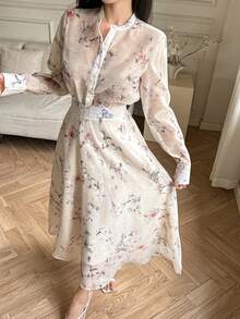 DAZY 女士印花宽松立领衬衫和宽松长裙优雅度假风两件套 - 杏色 - 查看 7