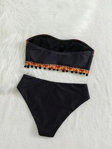 Bộ bikini cúp ngực không dây màu đen thanh lịch dành cho nữ của Swim Vcay với họa tiết hoa nhiều màu sắc và hình voi, 2026. Bộ đồ bơi hai mảnh ôm sát tôn dáng với áo cúp ngực co giãn, kiểu dáng bohemian tối giản sang trọng với chất liệu satin, thích hợp cho kỳ nghỉ hè, trang phục đi biển không dây dự tiệc bể bơi dành cho nữ. - màu đen - Xem 2