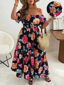 Ceyna Đầm trễ vai tay bồng bất đối xứng in hoa dành cho nữ cỡ lớn, phù hợp cho kỳ nghỉ gia đình, tụ họp bạn bè, đa năng. - Nhiều màu - Xem 3