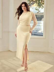MOTF PREMIUM PLUS SIZE WOMEN'S LACE PATCHWORK MID-LENGTH DRESS, SPRING/SUMMER - Apricot - View 8