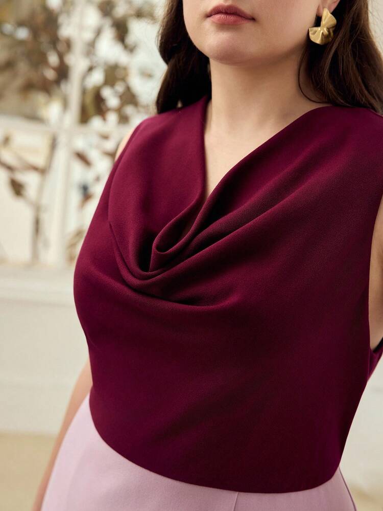 PLUS SIZE WOMEN'S ELEGANT SPLICE DRAPED NECK SHORT DRESS, SPRING/SUMMER